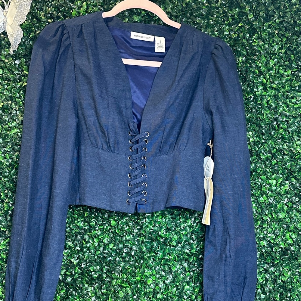 Midnight Sky Navy Blue Puff Sleeve Lace Up Crop Top